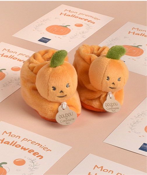 Chaussons bébé citrouille - 0-6 mois doudou et compagnie accompagné d’une jolie carte