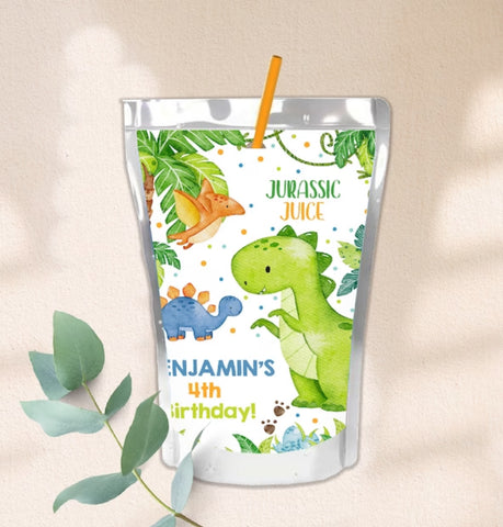 AUTOCOLLANTS - Étiquettes anniversaire pour jus personnalisé Dinosaures 🦕 x 12