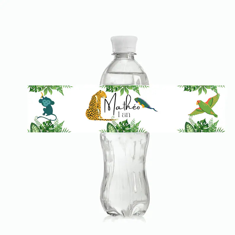 AUTOCOLLANTS - Étiquettes anniversaire pour bouteille d’eau ou jus personnalisé Jungle x 12